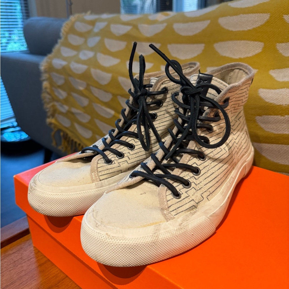 Frye Ludlow Mid-Top Off-White Canvas Print Sneakers - 9.5 US Men's
